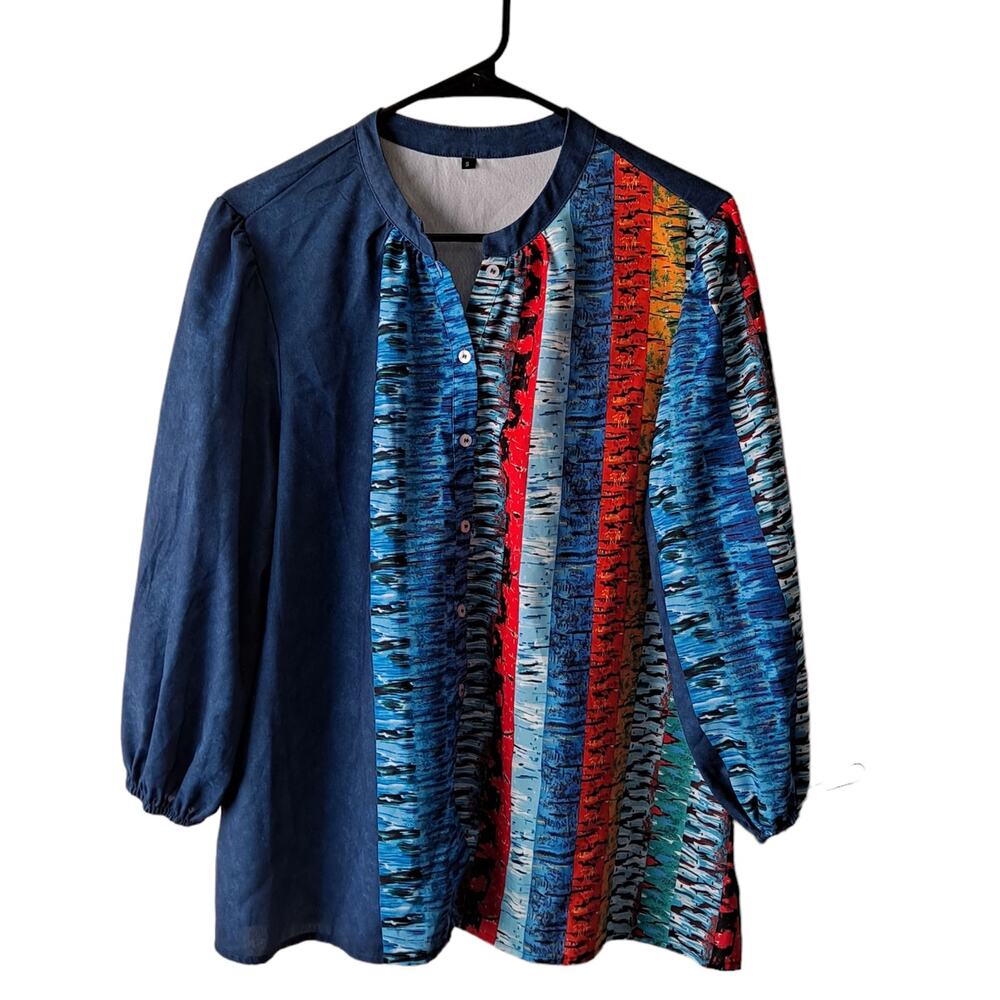 Unknown Blue Multicolored 3/4 Sleeve Button Front Crewneck Blouse - Size S